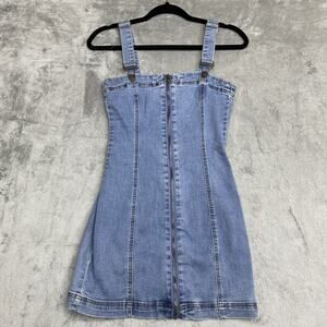 Forever 21 Denim Dress Womens Small Blue Jean Bodycon Mini Overall Zip Front